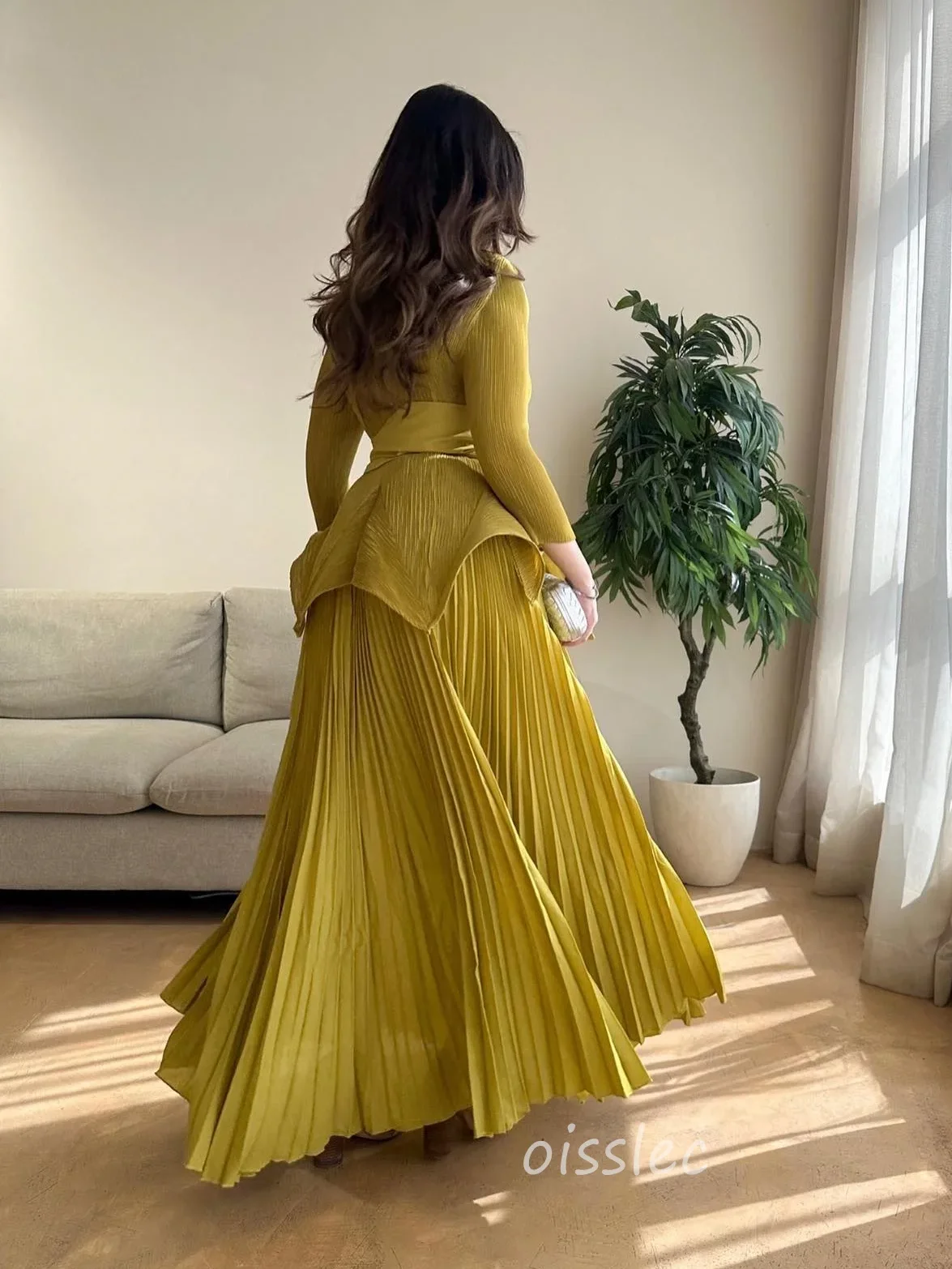 Oisslec Chiffion Evening Dress Long Sleeves Ruffled Formal Occasion Gown Belt Bow Prom Dress For Ramadan 2024 vestidos de noche