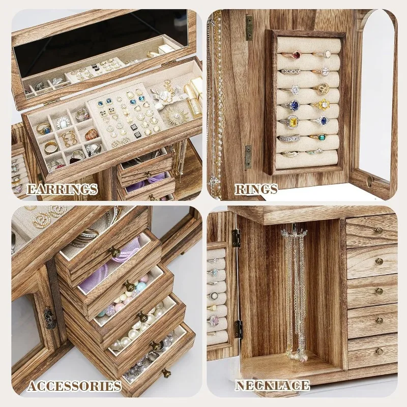 صندوق مجوهرات خشبي ريترو حلقة أقراط صناديق تخزين مرآة القلائد الكبيرة سوار عرض لوازم تغليف المجوهرات