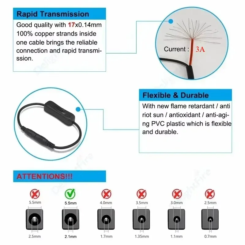 تيار مستمر 304 التبديل تشغيل/إيقاف موصل كابل 22 20 AWG أنثى ذكر جاك التوصيل سلك الطاقة 5.5*2.1 مللي متر لشريط LED ضوء مصباح كاميرا تلفزيونات الدوائر المغلقة
