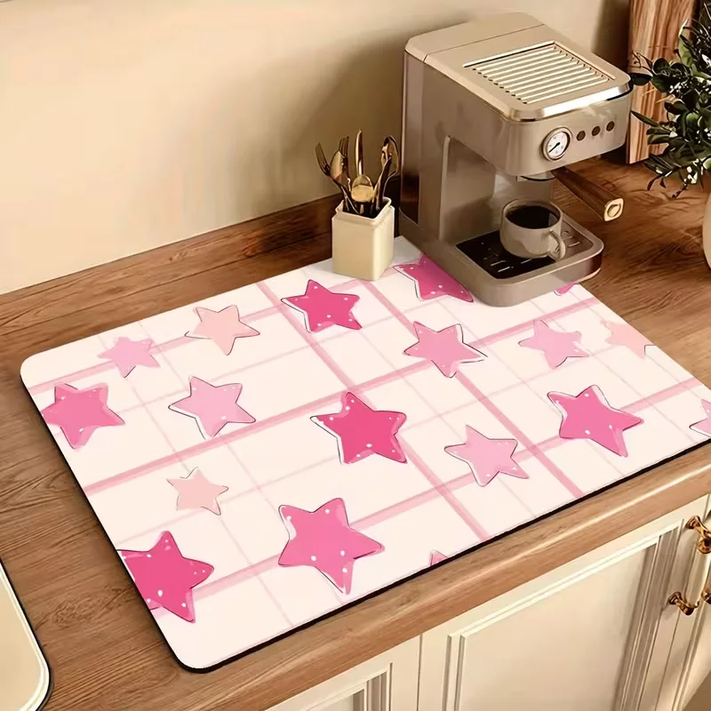 Pink Grid Star Print Dish Drying Mat Decor Kitchen Sink Countertop Pad Cute Cartoon Tableware Mat Modern Kitchen Home Decor