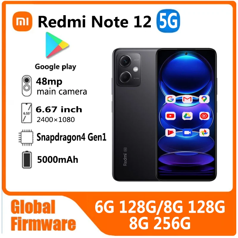 샤오미 레드미 노트 12 5G 스마트폰, 글로벌 펌웨어, 48MP, 5000mAh, 6.67 인치, 33W, 퀄컴 스냅드래곤 4 Ge1 중고 휴대폰 