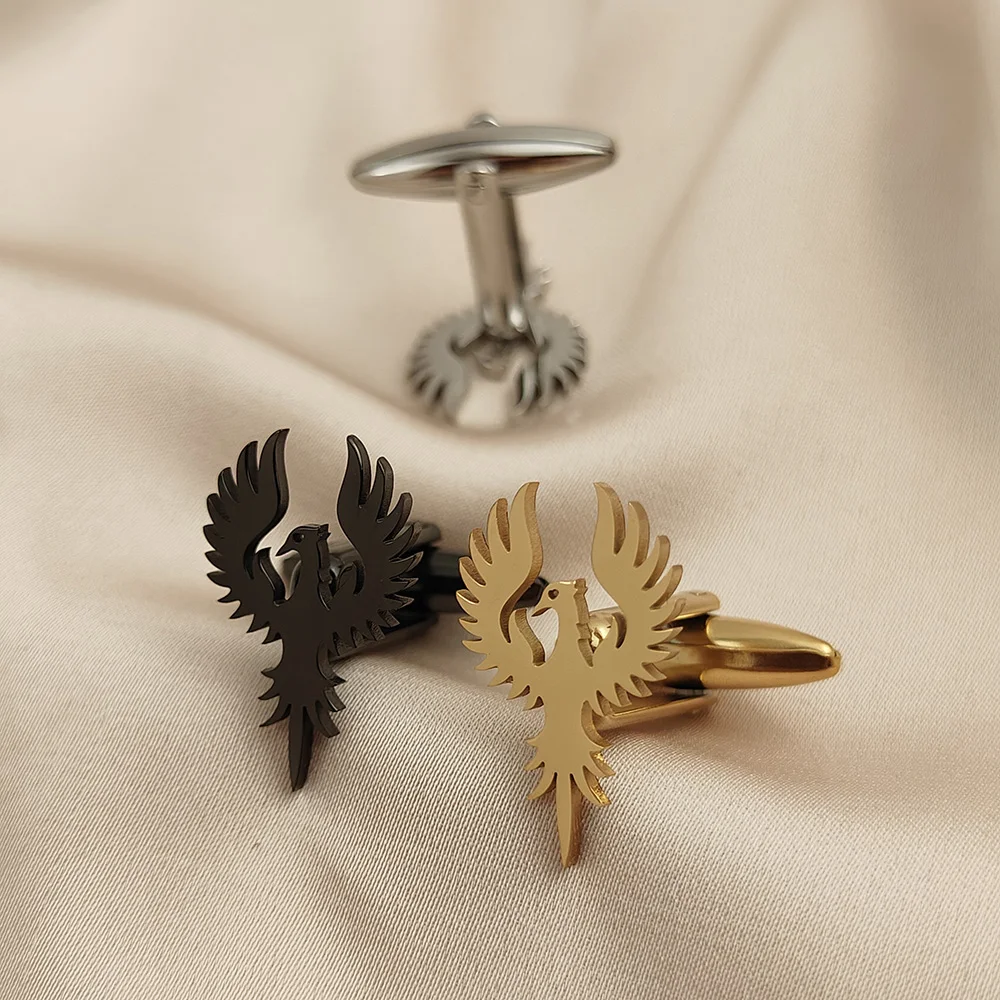 Retro Fire Phoenix Wings Cuff Links Men's Stainless Steel Luxury Jewelry Engagement Groomsmen Shirt Tie Clips Exquisite Gifts