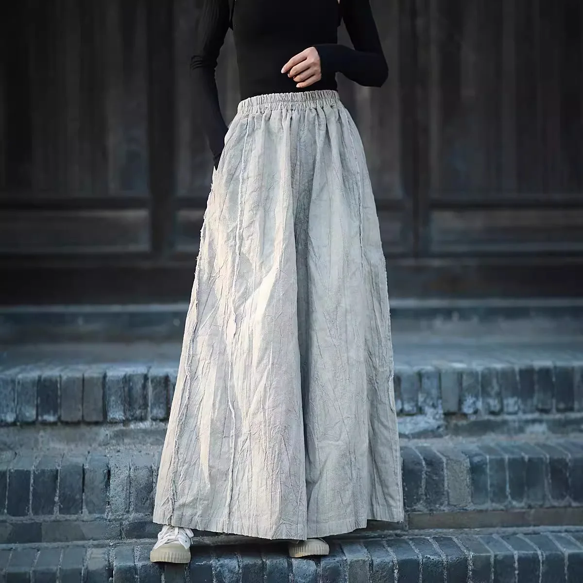 TIYIHAILEY-Wide Leg Long Linen Ramie Pants for Women, Spring Autumn Casual Trousers Ladies Elastic Waist, 2025 Grey Beige