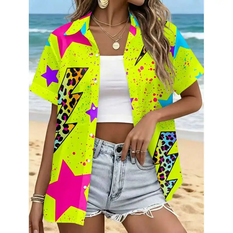 Women Casual Short Sleeve Shirt Neon Base Colorful Star Leopard Lightning Patterns Fashion Button Up Top Machine Washable