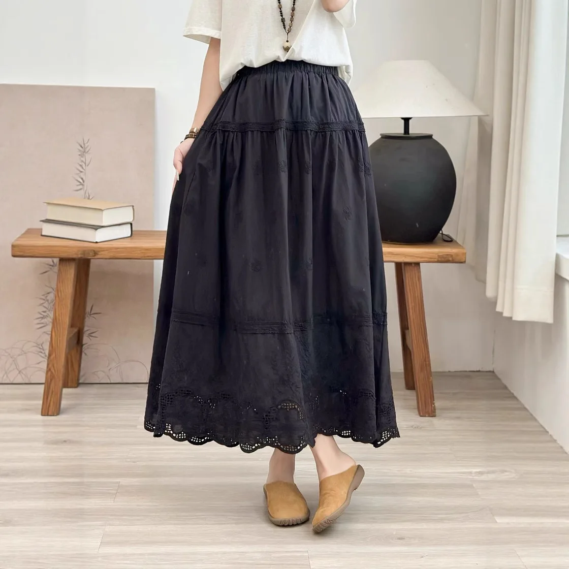 Summer New Japanese Sweet Mori Girl Embroidery Hollow Out Skirts Women Solid Color Elastic Waist Casual Loose A-Line Skirts