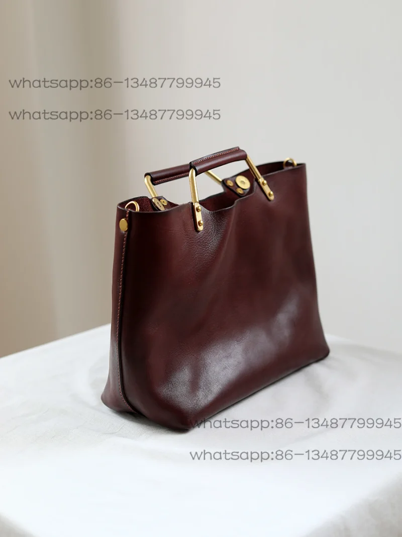 Vintage Cowhide Tote Bag Vegetable Tanned  Metal Handbag Wide Shoulder Strap Commuter Messenger Women's Bag Horizontal Shoulder