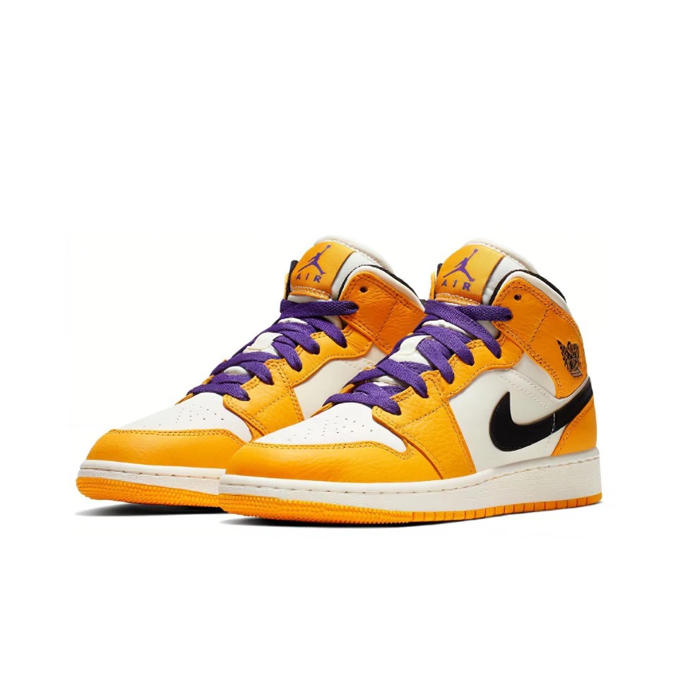 Air Jordan 1 Mid \'Lakers\' Classic Retro Basketball Sneakers para mulheres, sapatos amarelos e roxos, tamanho GS, original, BQ6931-700