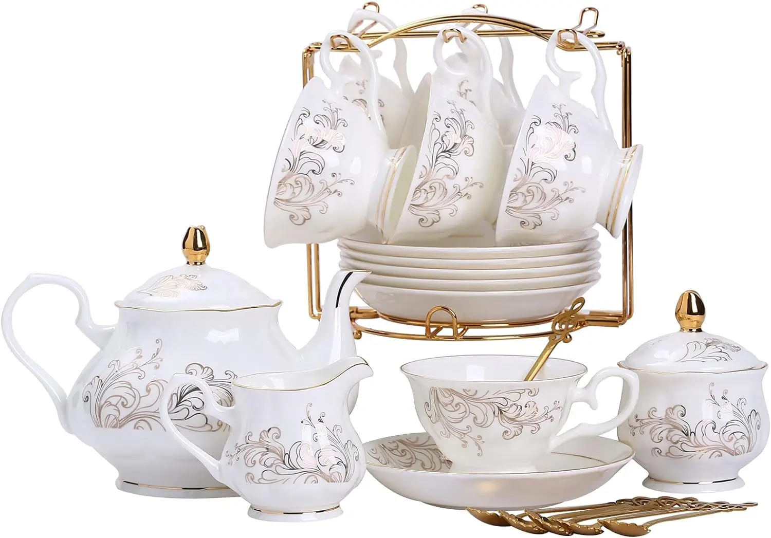 

22-Pieces Porcelain Bone China Tea Sets Gold Rim Coffee Set with Golden Metal Rack Cups Saucers Spoons Teapot Sugar Bowl