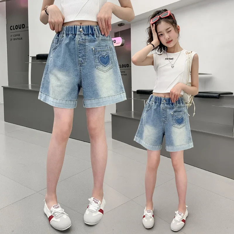 New Summer Children Denim Shorts with Heart Pocket High Fashion Kids Girl Heart Jeans Shorts Age 5 6 7 8 9 10 11 12 13 14 Years