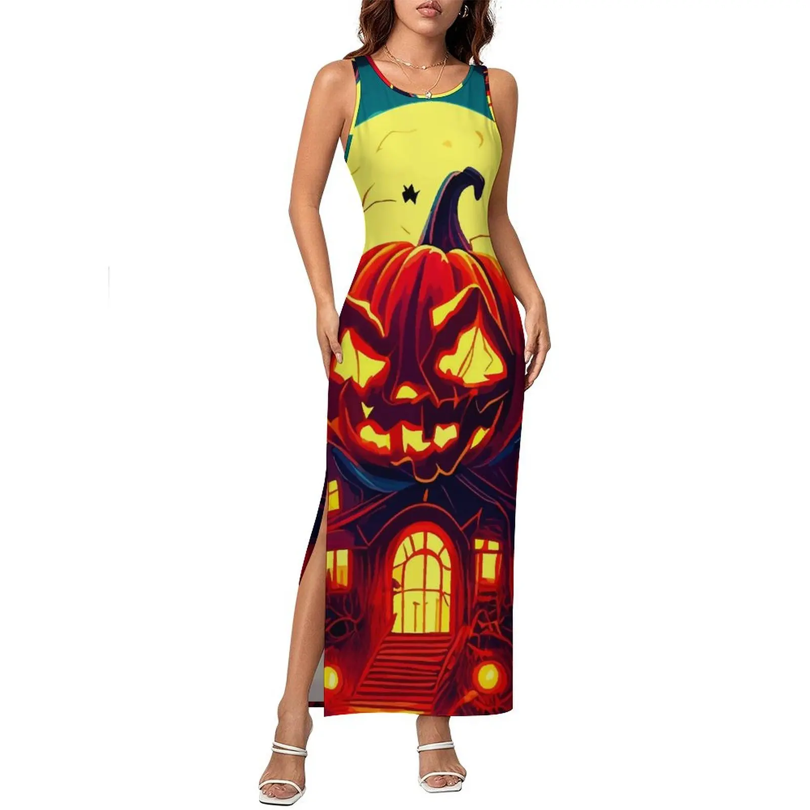 Dames vleermuizen en pompoenen jurk Halloween Night Street Style bodycon jurk mouwloze slanke sexy maxi-jurken oversized kleding