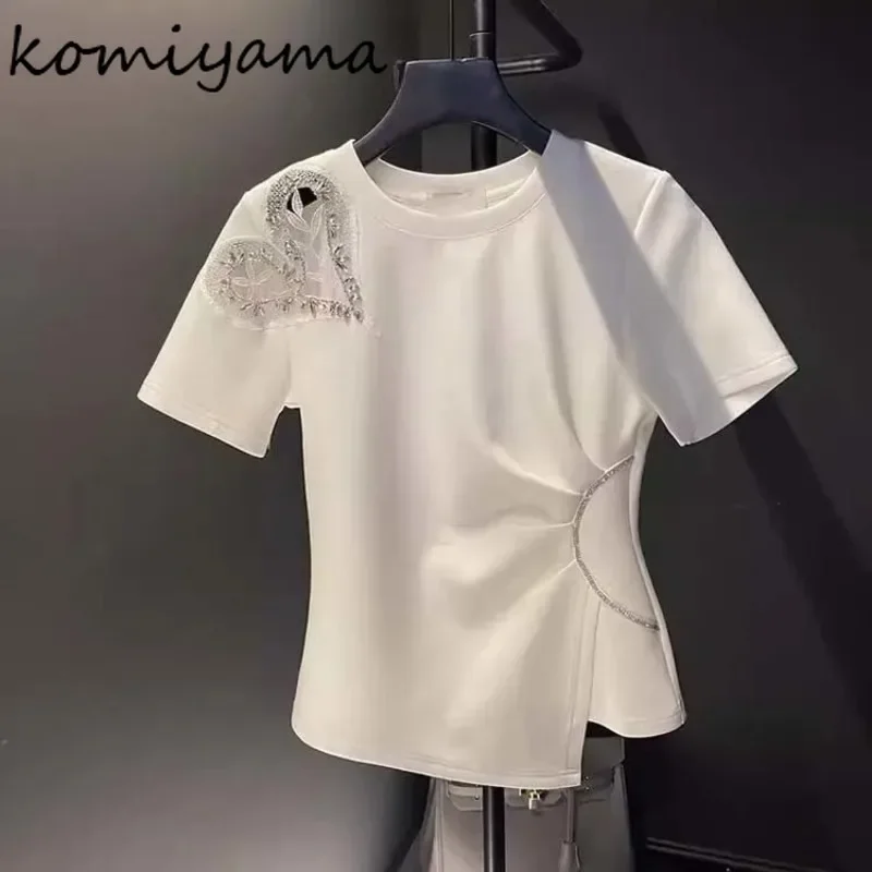 Heart Hollow Ropa Mujer Diamonds Women Clothing Irregular Pleated Clothes Round Neck Short Sleeve Tops Summer New Camisetas