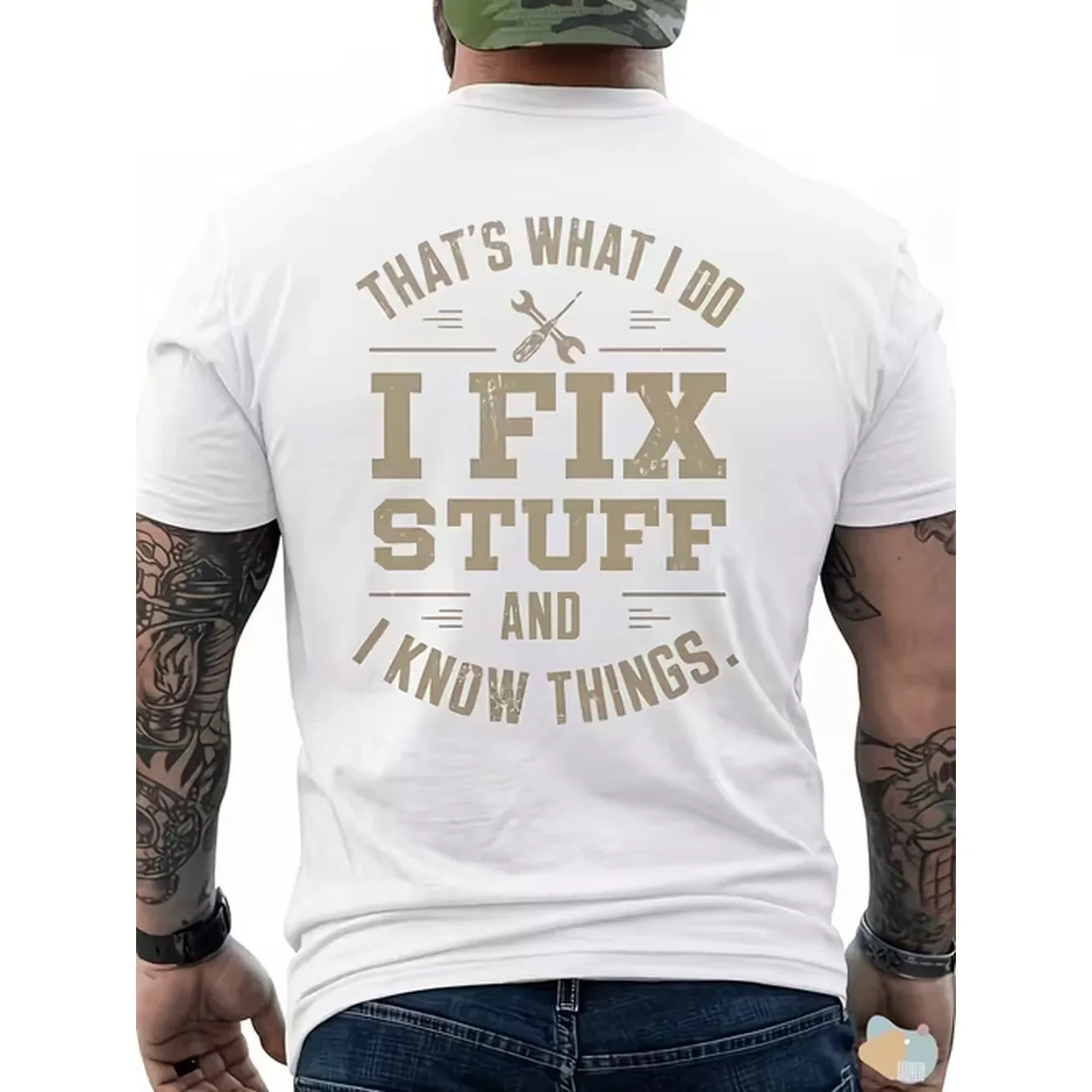 Camiseta con estampado en la espalda para hombre, con estampado de dibujos animados, material transpirable, cuello redondo, manga corta, versátil, cómoda para uso casual, para el Día del Padre