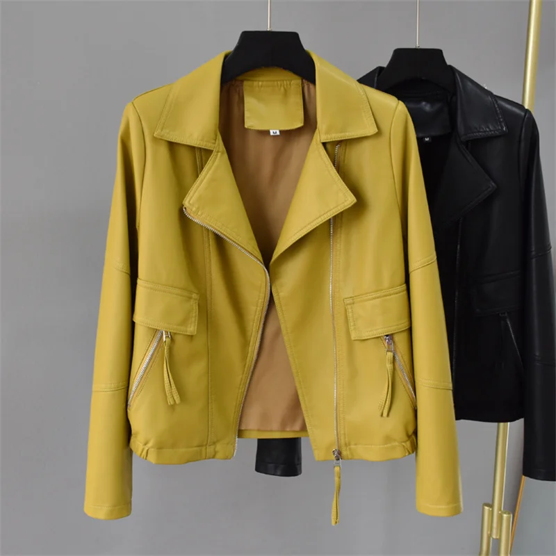 Spring Autumn Women Short Faux Leather Jacket Yellow Beige Black Coat Suit Collar Long Sleeve Female Biker Coat Jaqueta Feminina