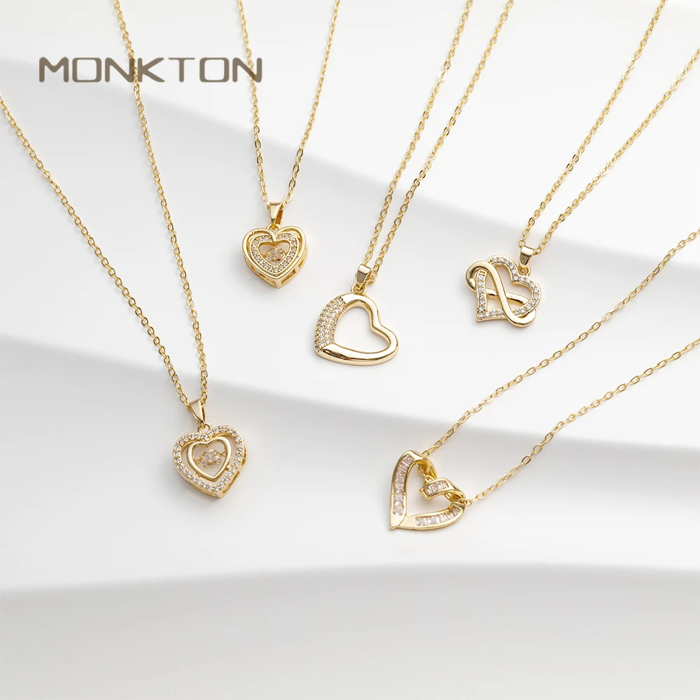 Monkton Heart Shape Pendant Necklaces for Women Gold Plated Cubic Zirconia Open/Infinity Heart Charm Chain Fashion Jewelry Gifts