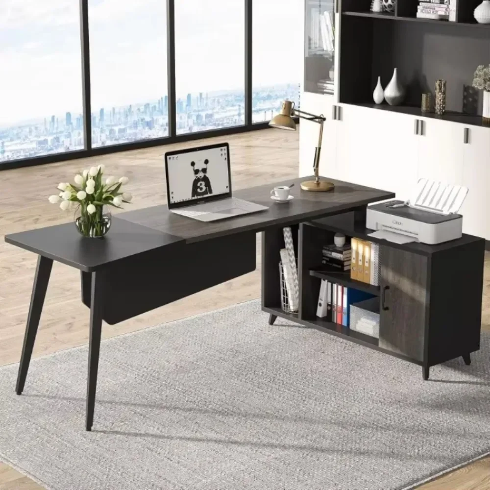 NEW.L-Shaped Computer Desk with File Cabinet, 78.74 Inch Large Executive Office Desk with Shelves, Industrial Business Furniture