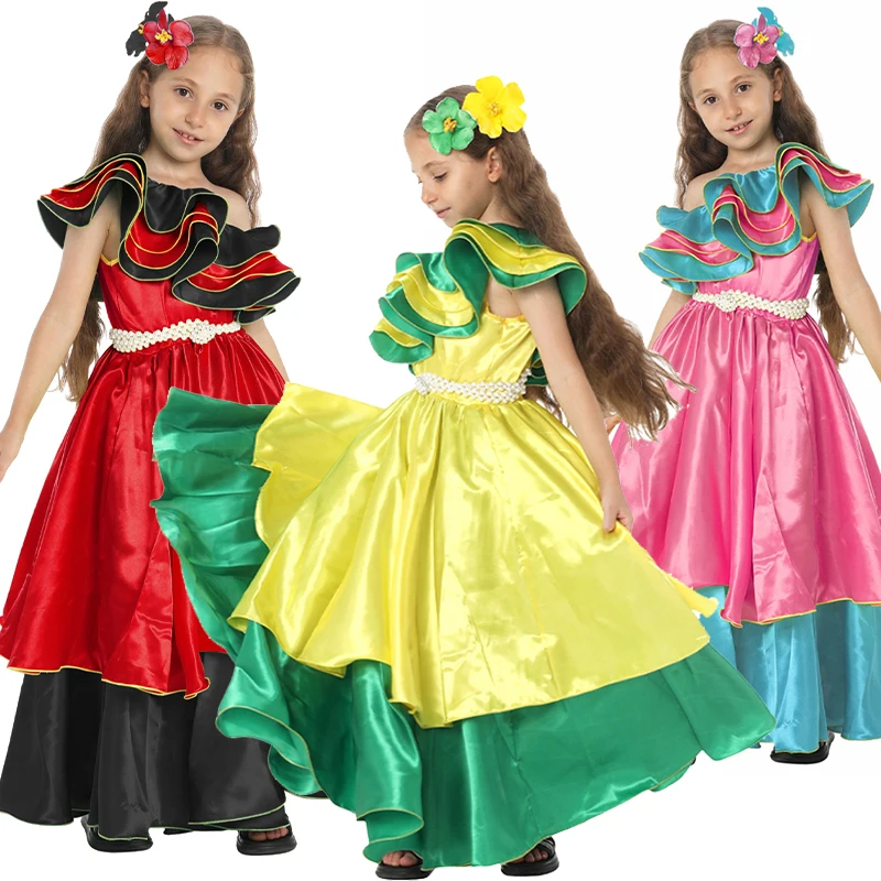 Rojo Rosa Azul Niño Un Hombro Samba Baile Halloween Fancy Dress Up Disfraz de niña brasileña amarilla