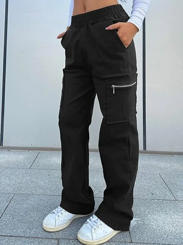 Street Style Loose Straight Leg Cargo Pants Workwear Trousers Casual Pants for Women Low Waist Other Material 100%