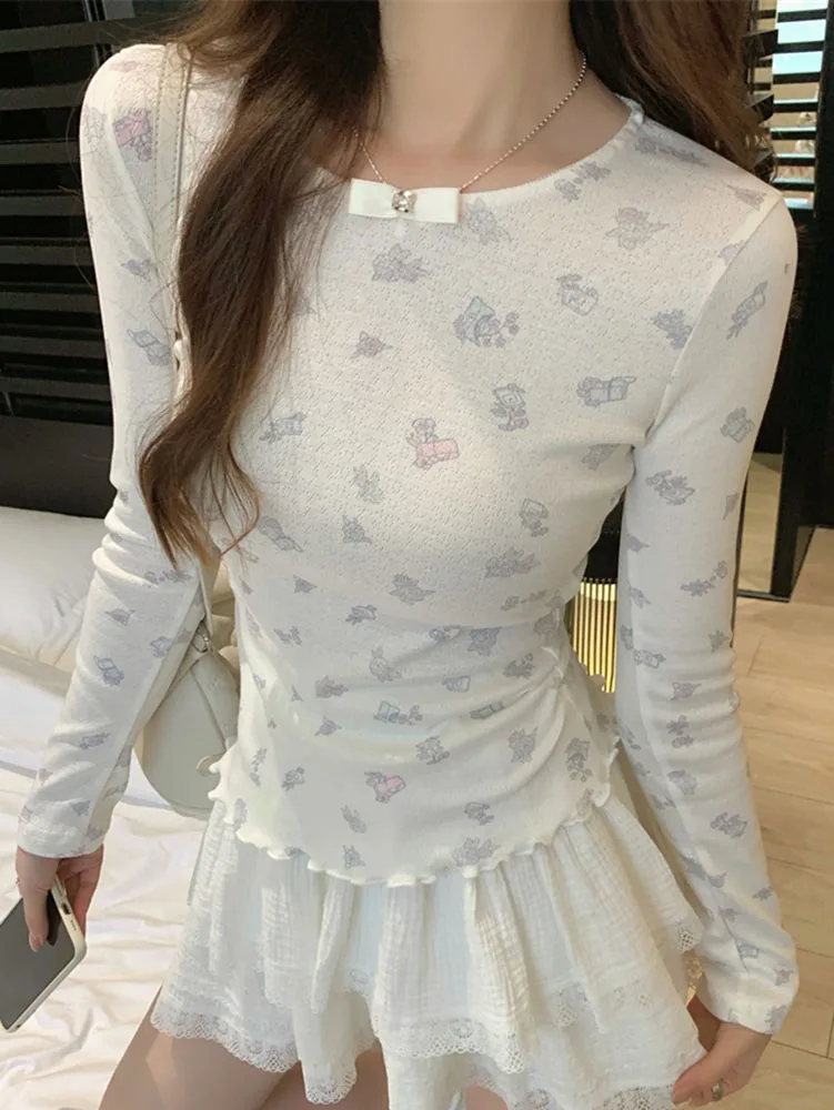 Cute Bow Tshirts For Women Spring Y2k Tops Mujer O Neck Print Casual Slim T Shirt Woman Long Sleeve Harajuku Tees Shirt Femme