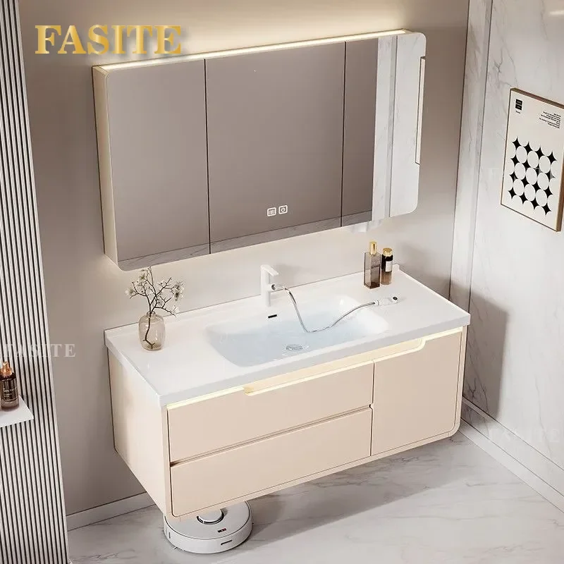For Modern Bathroom Cream Ceramic Integrated Basin Smart Washbasin Cabinet Vanity Unit with Sink Contemporary Design Space