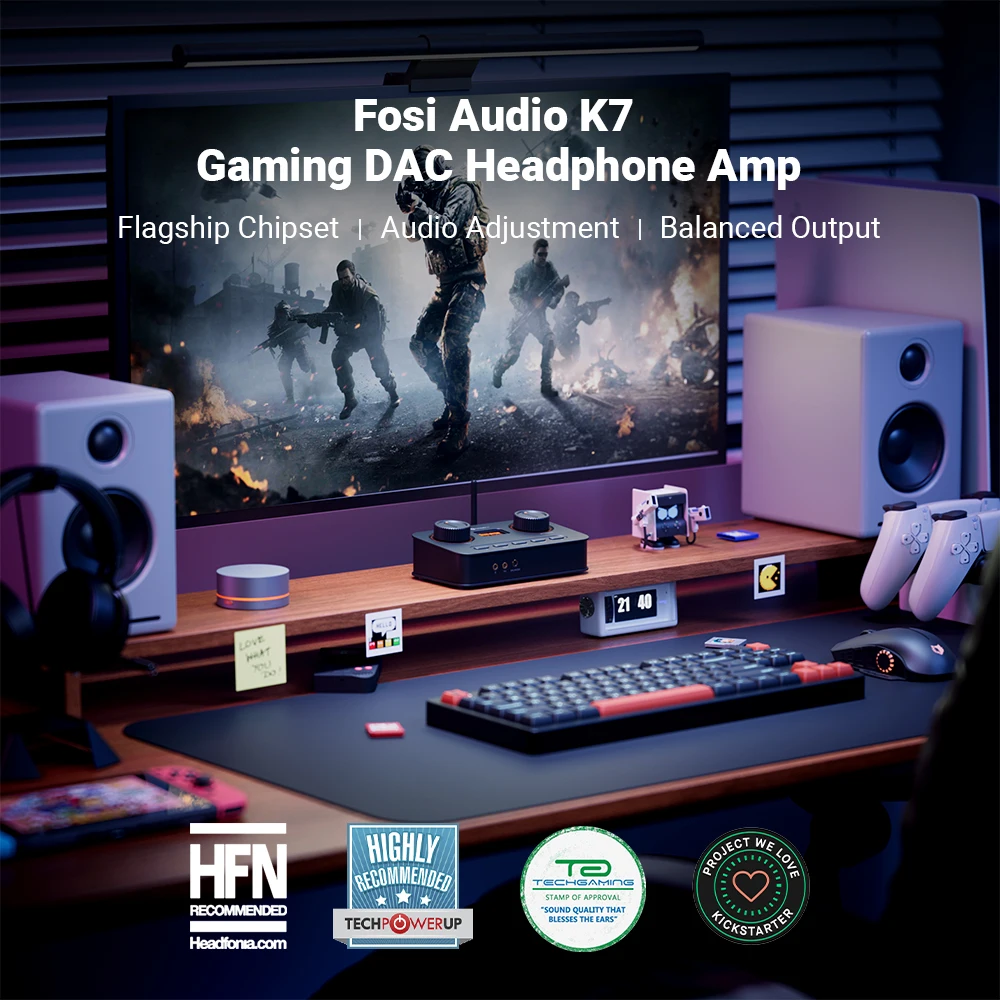 Fosi Audio K7 HiFi DAC ومضخم سماعة الرأس، شريحة AKM4493ESQ DAC، PCM 384 كيلو هرتز/32 بت وDSD256، مدخل ميكروفون USB Audio DAC للألعاب