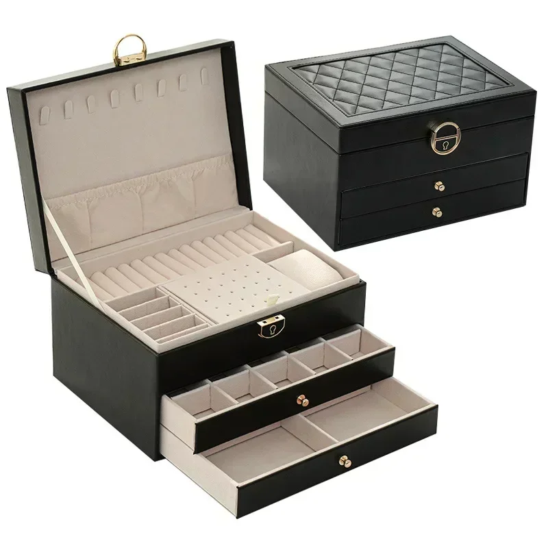 Portable Three Layer Jewelry Box Lockable Leather Large Capacity Jewelry Organizer Display Jewelry Case Storage Jewelers Chest