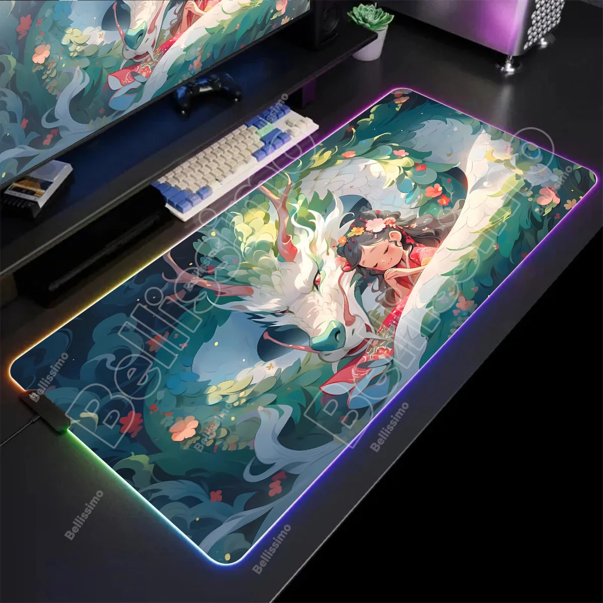 

RGB Большой игровой коврик для мыши с драконом и девочкой XXL HD Печатный игровой коврик для клавиатуры Светодиодный настольный коврик Аниме Резиновый нескользящий светящийся коврик для мыши