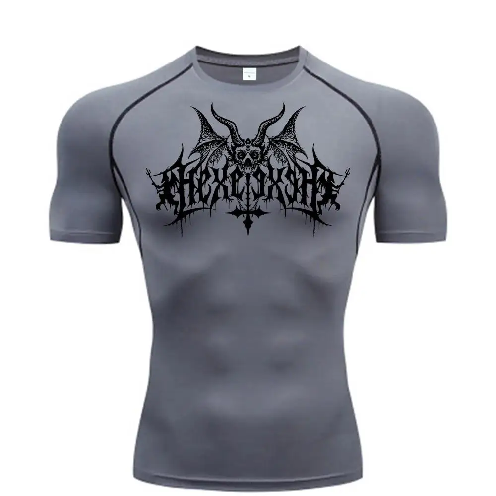 Herren Kompressions-T-Shirt mit Dark-Demon-Death-Metal-Schriftzug, Schnelltrocknend, Muskelfit, Sportliches Shirt für Workout, Training und Bodybuilding
