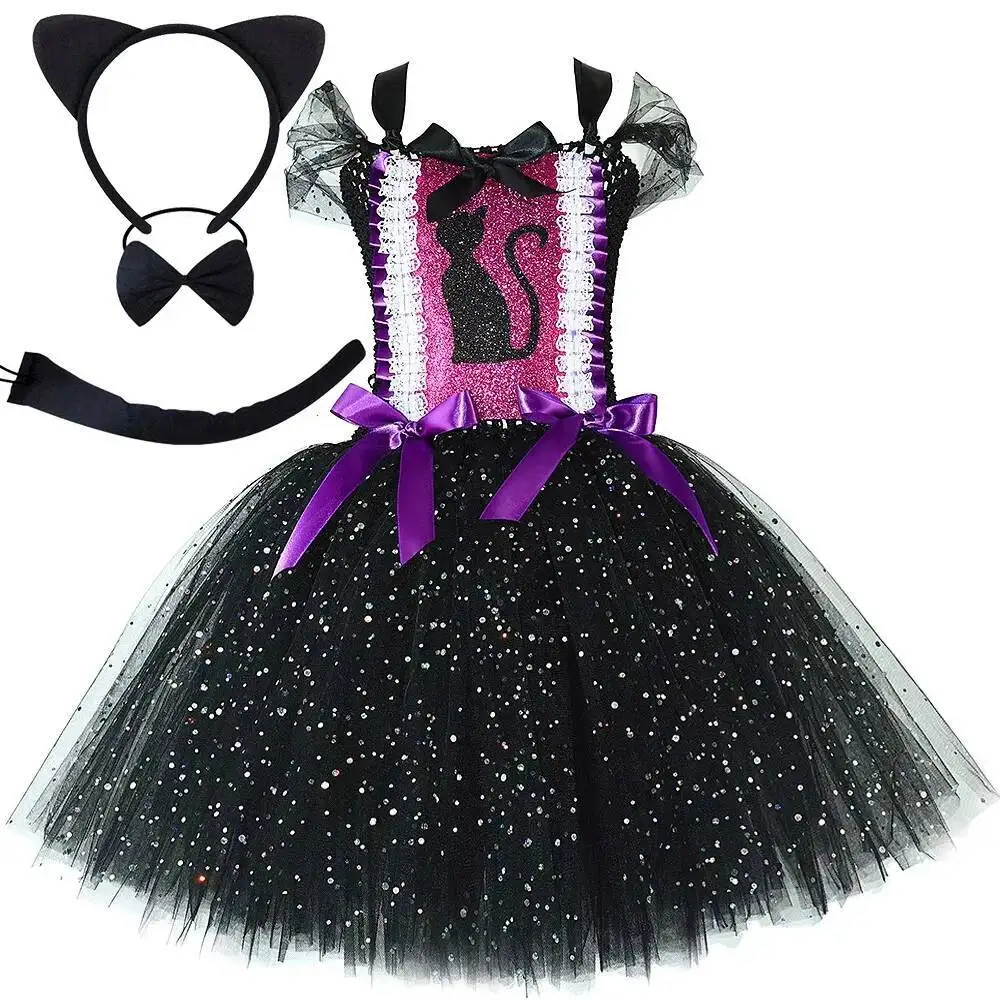 Disfraces de gato negro brillante para niñas, vestido tutú elegante de gatito Animal, traje de tutú de Carnaval de Halloween para niños con lazo para el pelo con orejas