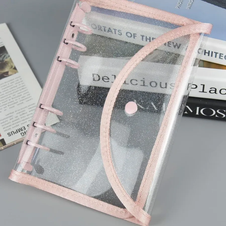 Pink A6 Binder 6 Ring Glitter PVC Budget Binders with Sp Button Closure Loose Leaf Notebook Shell for Photocard Album Cash Enve