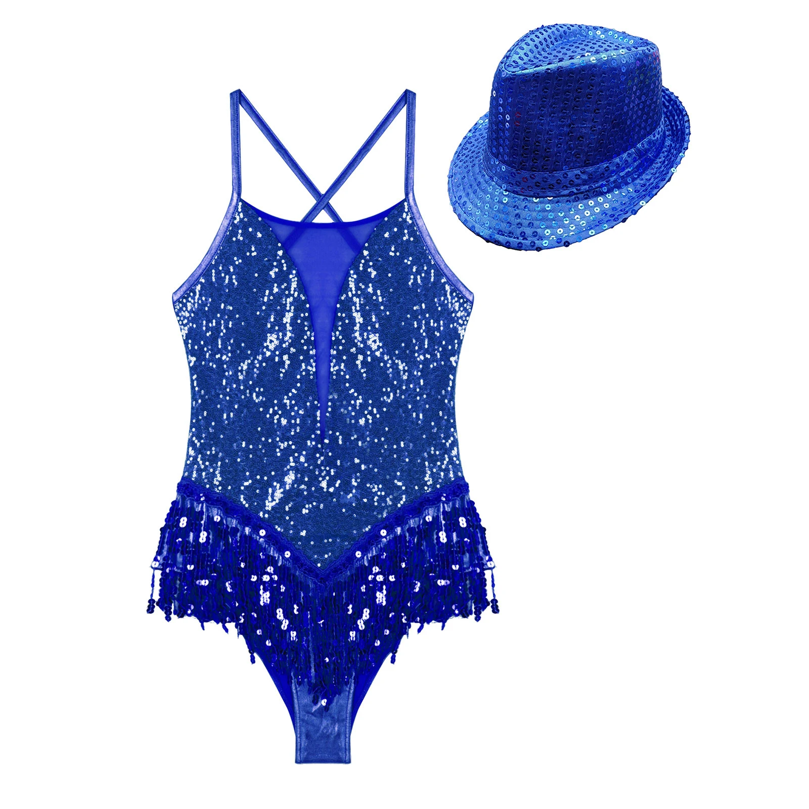 Pakaian tari Latin wanita Bodysuit tali Spaghetti Sequin berumbai Leotard dengan topi pesta Tango Rumba cha-cha kostum pertunjukan