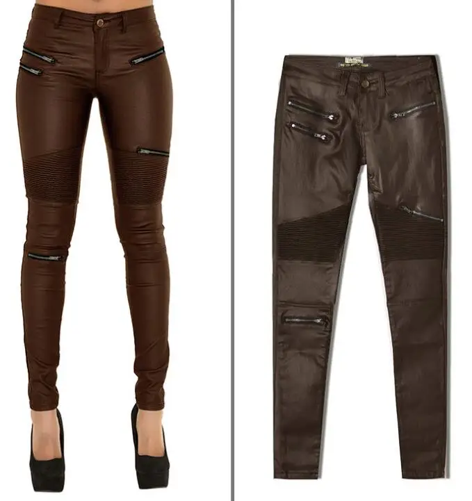 Pantalon en similicuir pour femme, pantalon crayon skinny à double fermeture éclair élastique, styles multiples, FJM Moto Bar