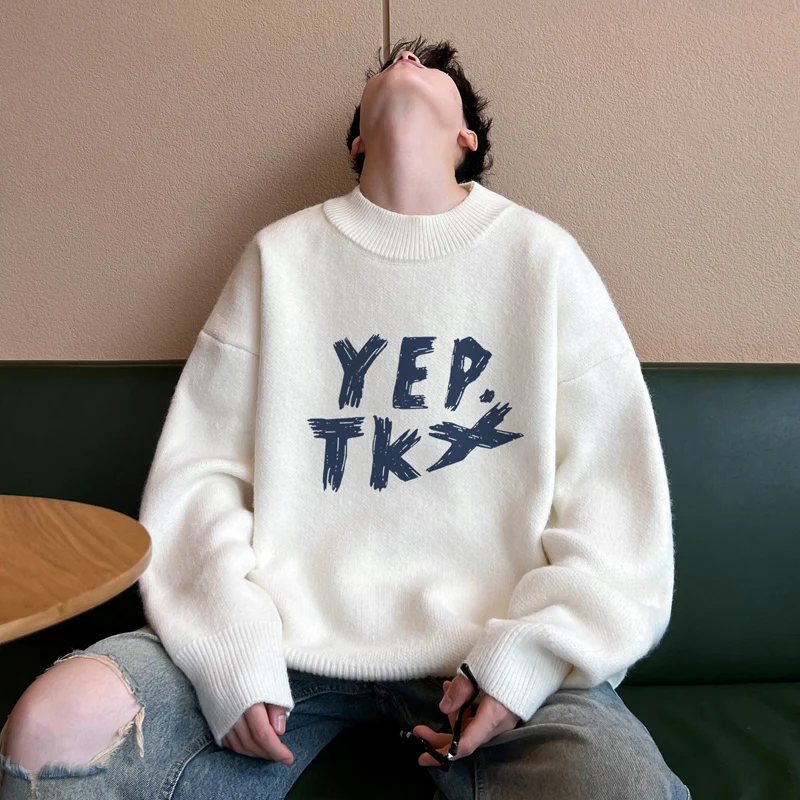 

Вязаный свитер для мальчиков-подростков, свободный, удобный, теплый, весенне-осенний, новинка 2024 года, модный повседневный топ с длинными рукавами и принтом