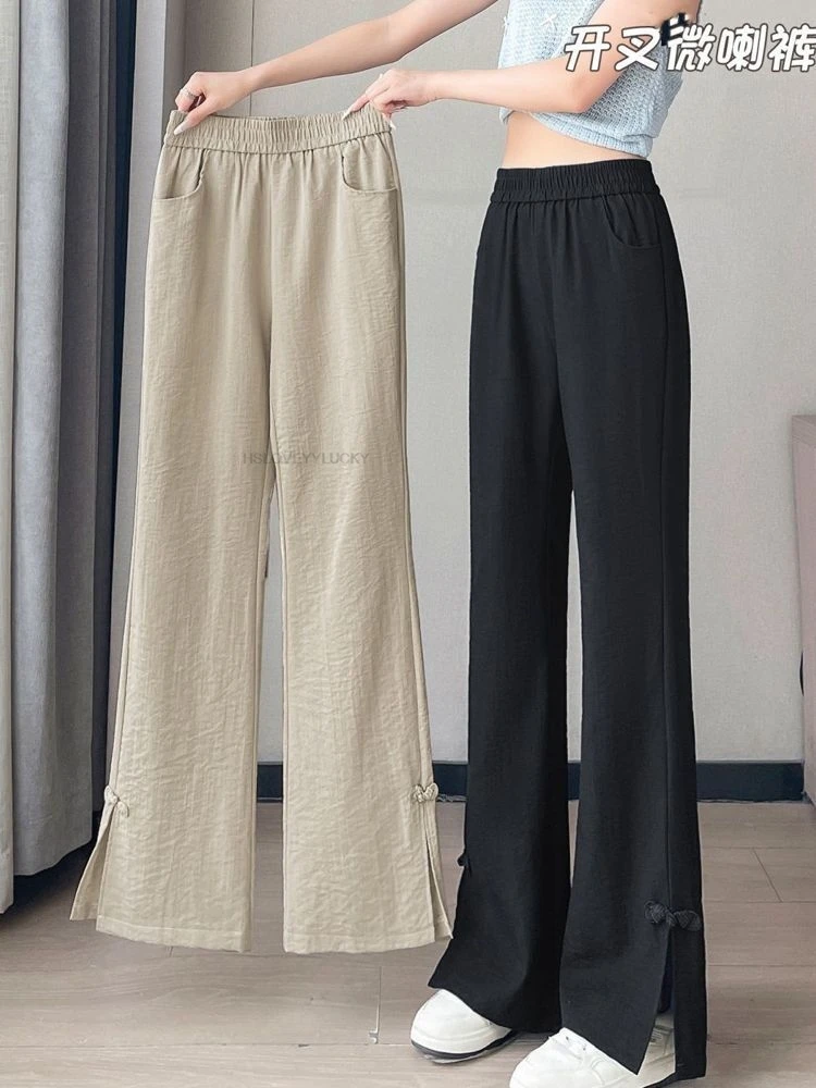 Plus Size Slightly Flared Pants Women Summer Thin High Waist New Chinese Style With Frog Buttons wide-leg Pants Chinese Pants