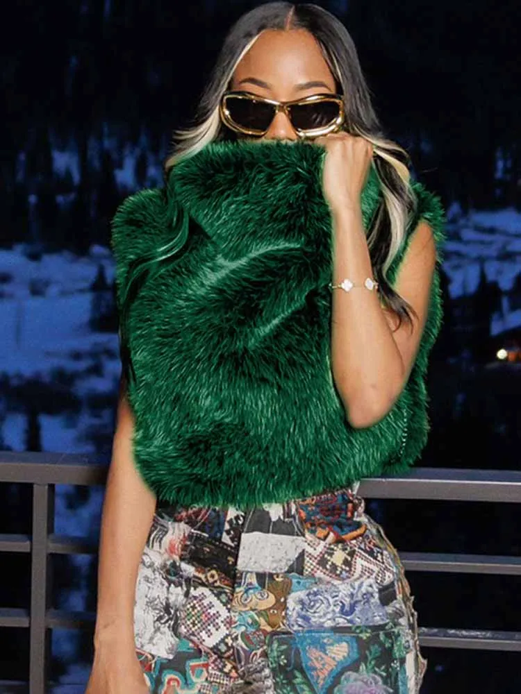 NEW BKQU Winter Faux Fox Fur Women Tank Tops Chic Turtleneck Warm Fashion Plush Coats Midnight Hipster Y2k Fluffy Vest Jacket 20