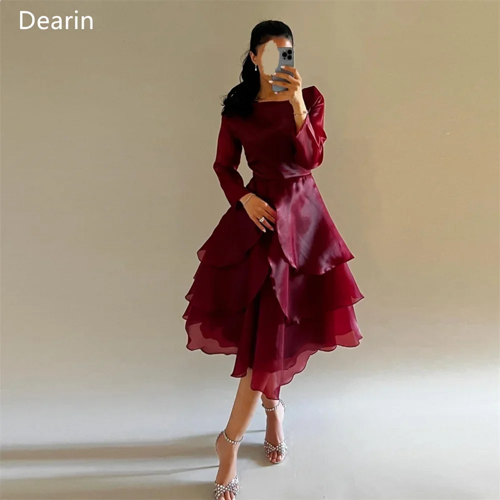

Customized Women Formal Gown Prom Dearin Scoop Neckline A-line Tea Length Skirts Layered Draped Tulle Contoured Bespoke Occasion