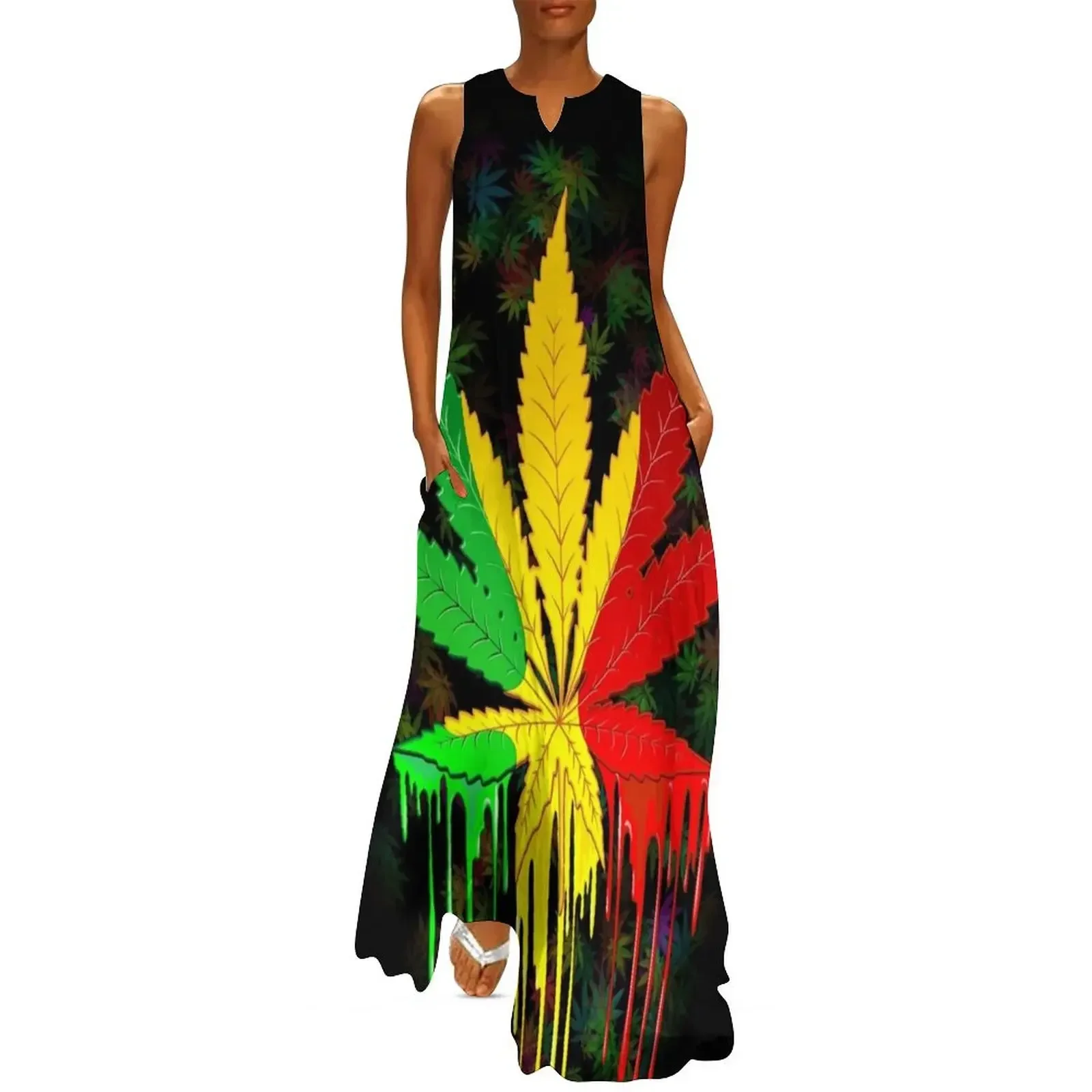 

Leaf Rasta Colors Dripping Paint Long Dress summer women's dress 2025 Dresses for wedding party summer woman dress 2025