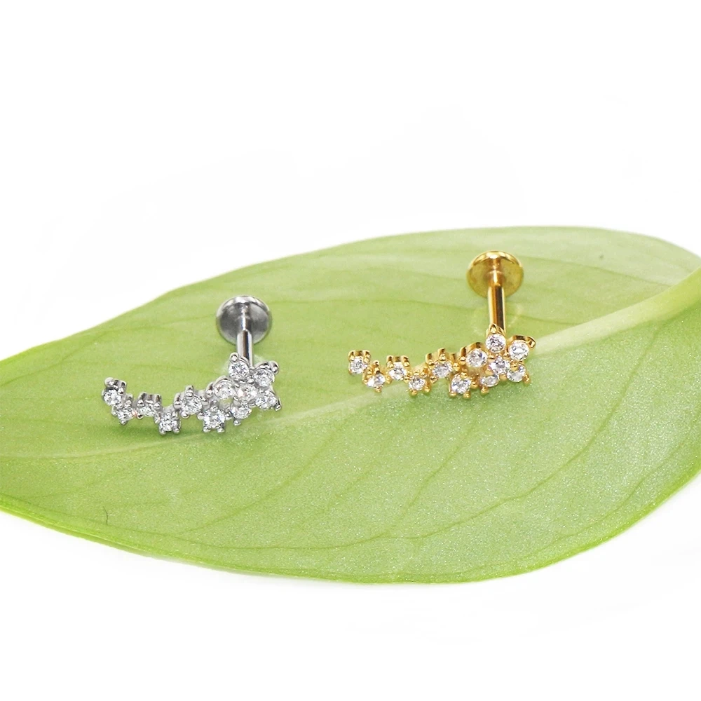 100% 316L Surgical Steel 16G Flower Leaf CZ Zircon Labret Piercing Daith Tragus Earrings Internal Thread Nail Lip Screw Stud