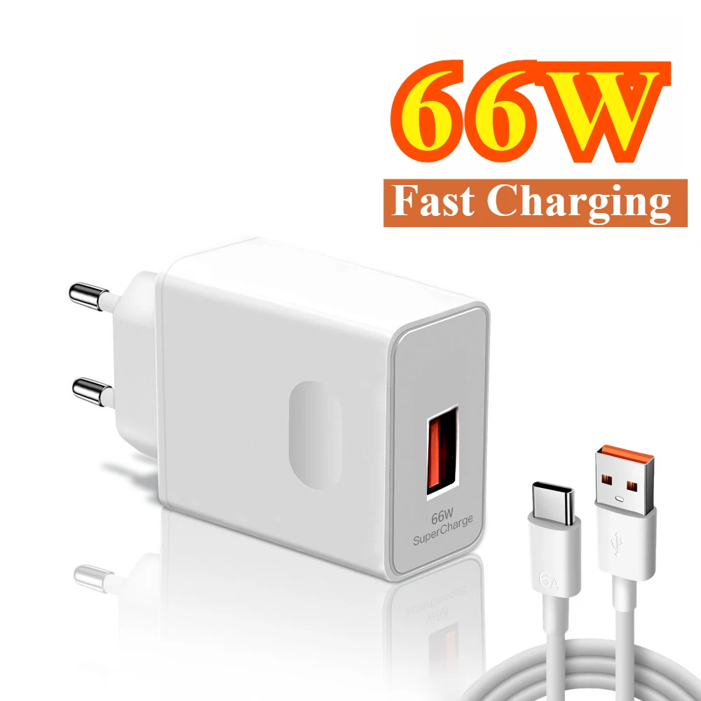 USB Charger 66W Fast Quick Charging EU/US Plug Mobile Phone Wall Charger 6A Type C Cable For Xiaomi 15 Huawei Mate 50 60 Honor