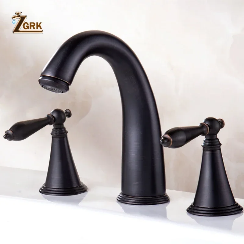 ZGRK Basin Faucets Brass Black Deck Mounted Bathtub Mixer Faucet Widespread Three Hole Bath faucet Set Double Handle Water Tap