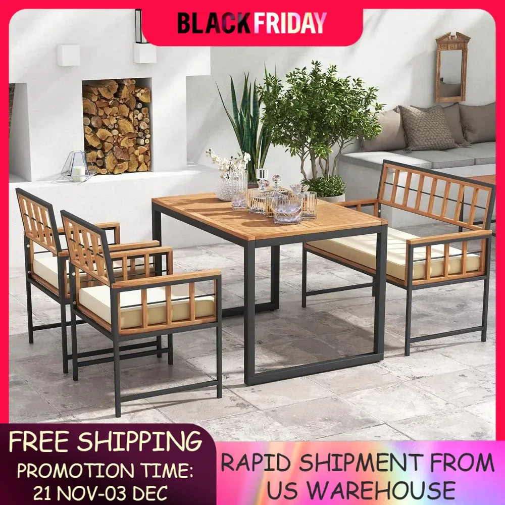 4 Piece Patio Dining Set, Outdoor Wood Dining Furniture W/ 2 Chairs & 1 Loveseat, 47” Acacia Wood Table, Outside Furniture Set