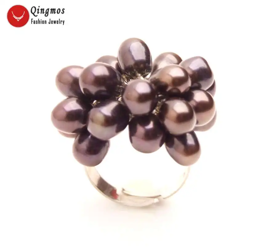 Qingmos Fashion Women Jewelry Gift 25mm Flower Black Rice Natural Pearl Ring for Women Jewelry Adjustable #7-9 rin28