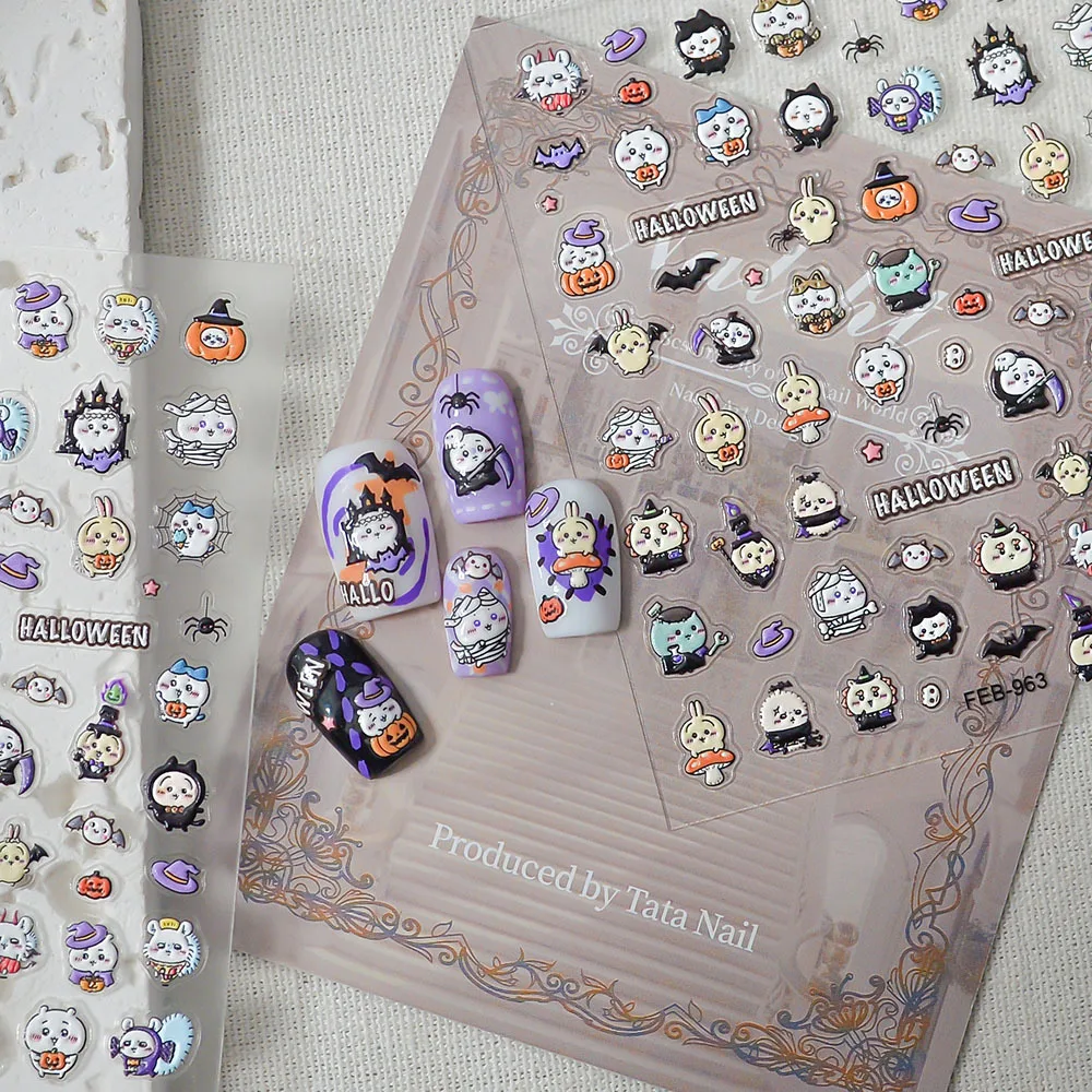 New Chiikawa 5D Embossed Nail Stickers Cute Cartoon Halloween Star Fast Food Self-Adhesive DIY Nail Art Decals for Women Girls