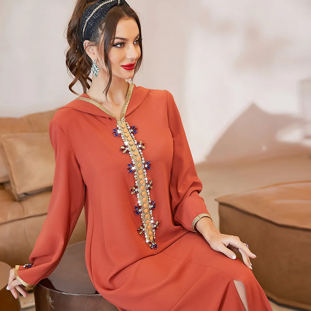 

Women Hooded Slim Dress Rhinestone Button Tape Trim Split Hem Satin Kaftan Robe Dubai Galabiyas Muslim Dresses Party