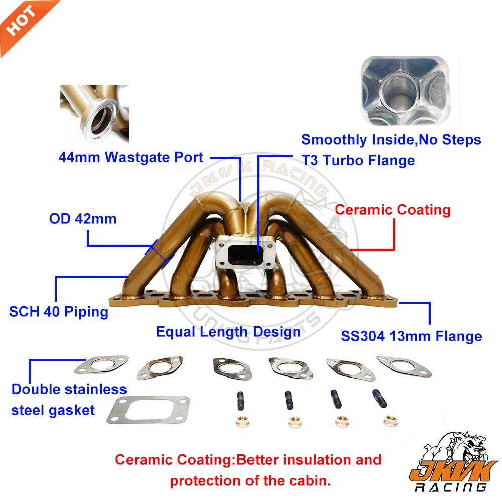 JKVK RACING Ceramic Coaitng SS304 3mm 240sx S13 S14 R31 R32 RB20DET Top Mount Manifold T3 Flange With 44mm V band Wastegate