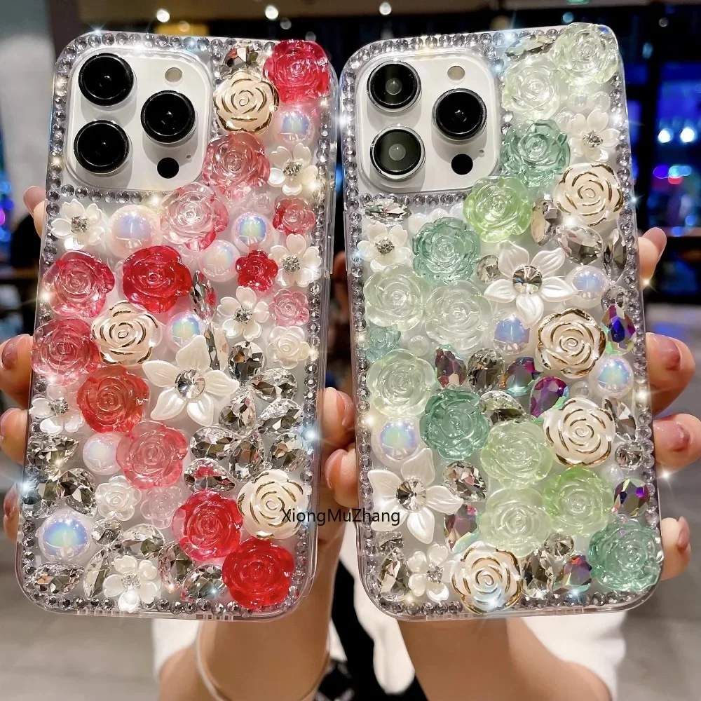Luxuriöse Strass-Perlen-Blumenhülle für iPhone 16 Pro Max 15 14 13 Pro 12 Mini 11 Pro Max 15 17 18 Pro Kristall-Mädchen-Handyhülle – Detail 2