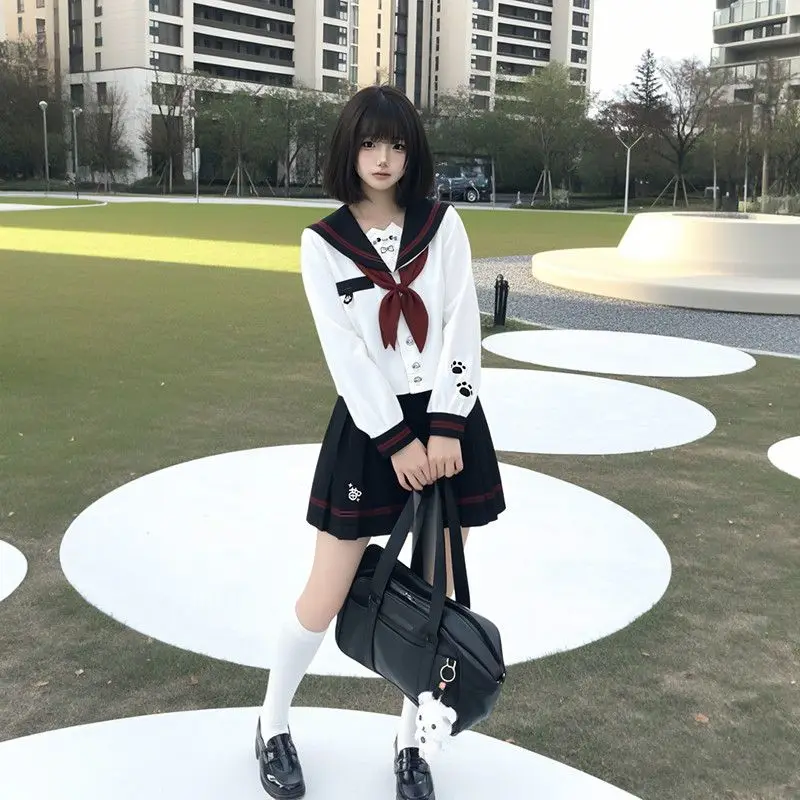 ญี่ปุ่นเกาหลี Campus สไตล์แมวน่ารักชุดกะลาสีเย็บปักถักร้อย JK แขนยาวชุดเครื่องแต่งกาย JK สีดําและสีฟ้า 2-TONE