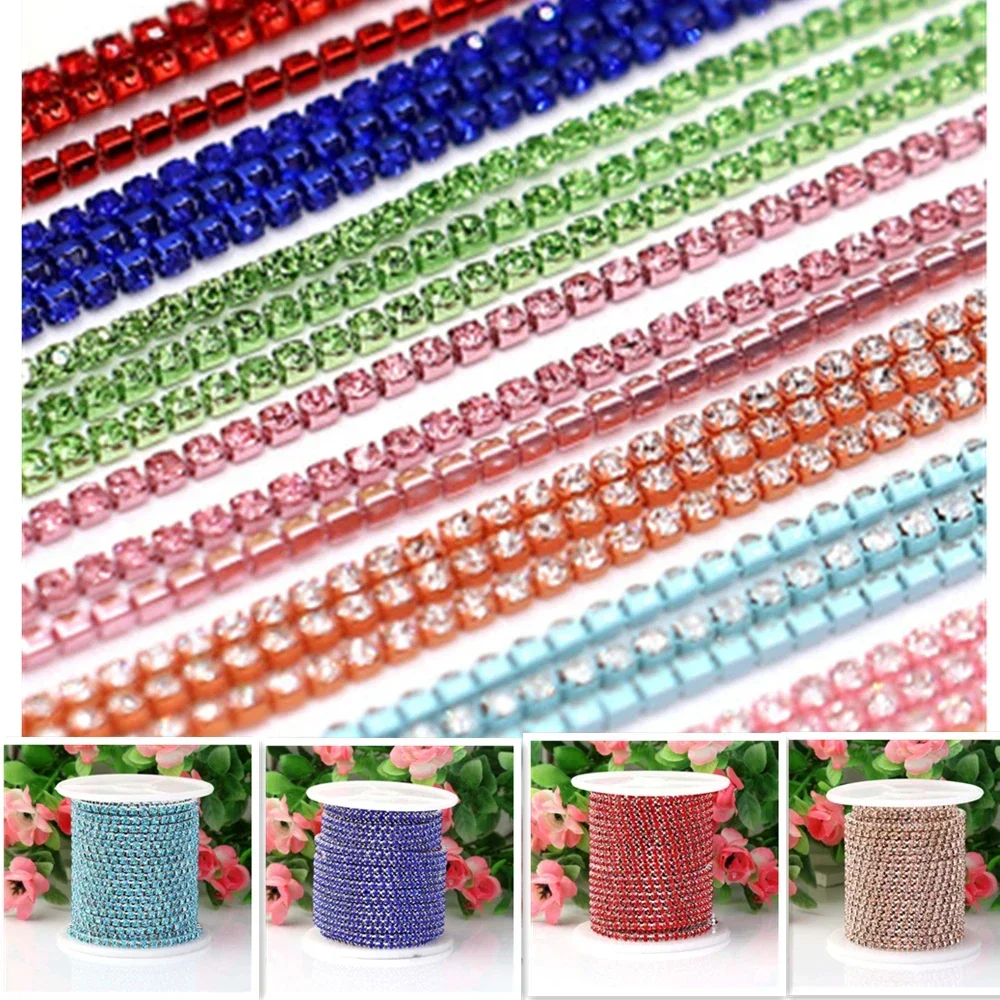 1M 30Colors SS6-SS16 Glass Crystal Rhinestone Chain Silver Bottom Sew on Cup Chains for DIY Garment Bags Decorations Accessories