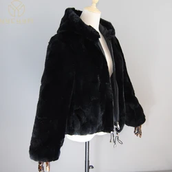 Winter New Woman Real Rex Rabbit Fur Coats Girls Warm Natural Fur Hooded Jackets Fashion Zipper Genuine Rex Rabbit Fur Outerwear