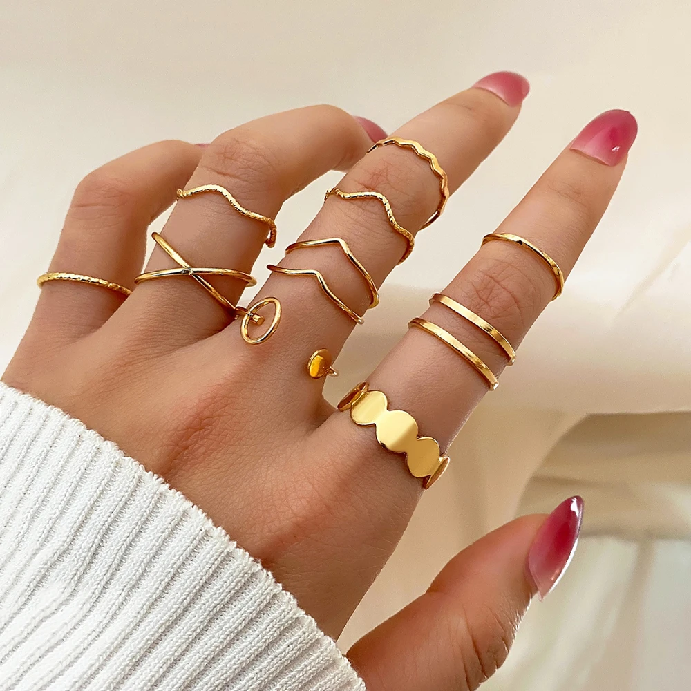 

Набор женских винтажных широких колец IFMIA в стиле панк Punk Simple Gold Color Geometric Hollw Out Wide Ring Set Women's Vintage Joint Finger Rings Round Jewelry