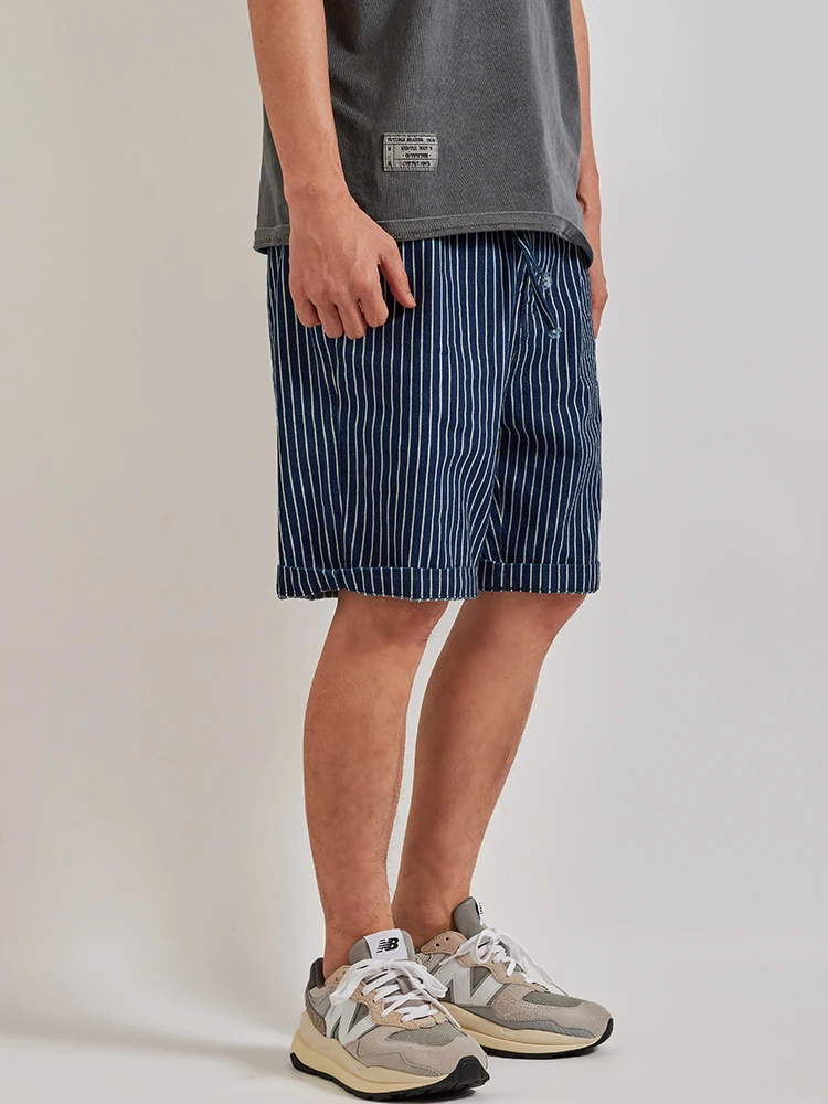 Retro Pinstripe Washed Denim Shorts for Men Blue Casual Loose Straight Half Pants for Youth Male 100% Cotton Harajuku Vintage